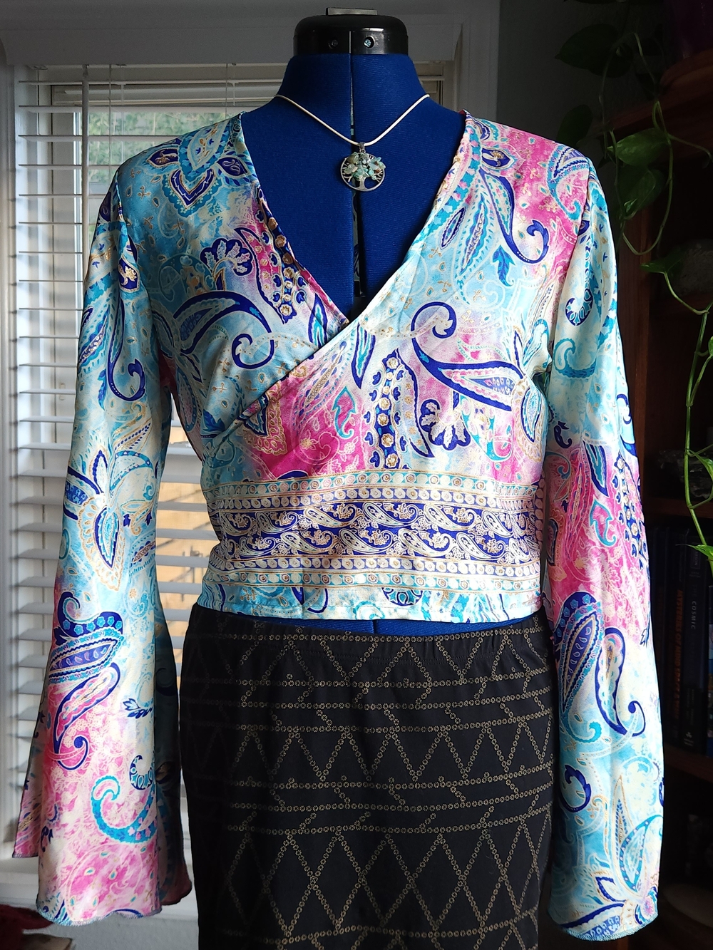 Wayan Paisley Wrap Top OS Boho Bell Sleeve Blue Pink Gold Metallic Blouse